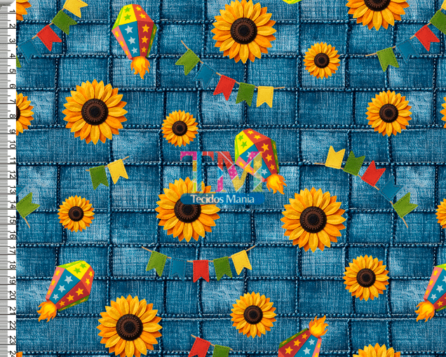 Tecido tricoline, microfibra ou gabardine estampado - Festa junina - Girassol - Fundo Jeans