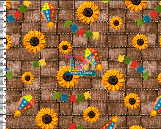 Tecido tricoline, microfibra ou gabardine estampado - Festa junina - Girassol - Fundo Palha