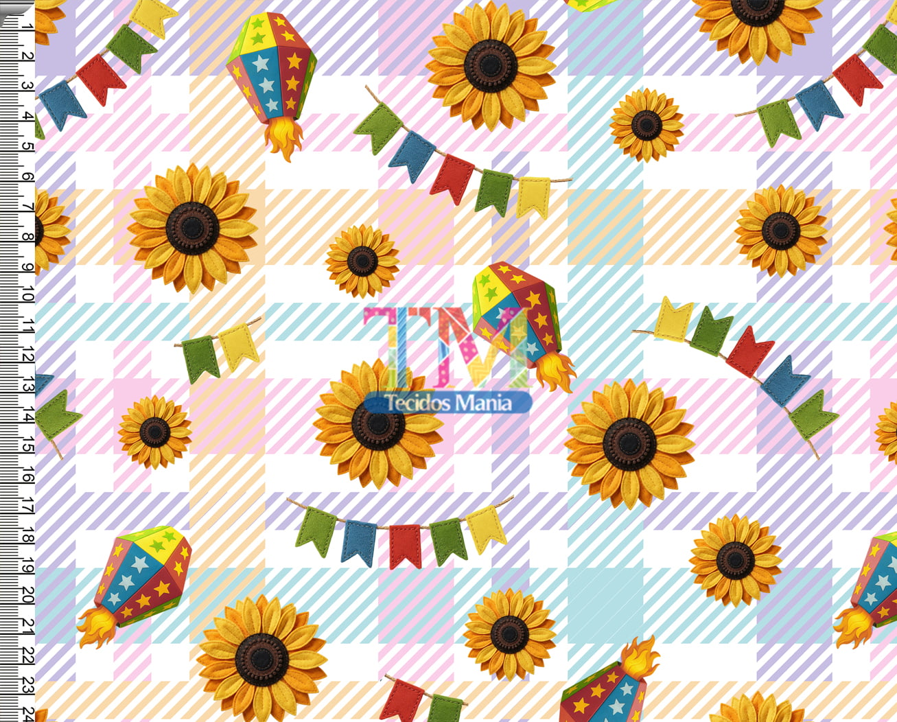 Tecido tricoline, microfibra ou gabardine estampado - Festa junina - Girassol - Fundo Xadrez Candy