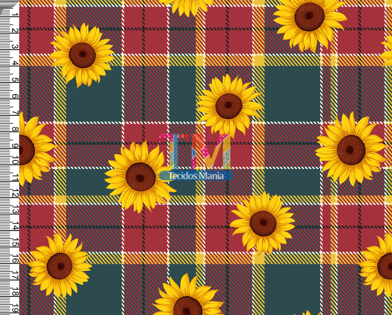 Tecido tricoline, microfibra ou gabardine estampado - Festa junina - girassol - xadrez vermelho e verde