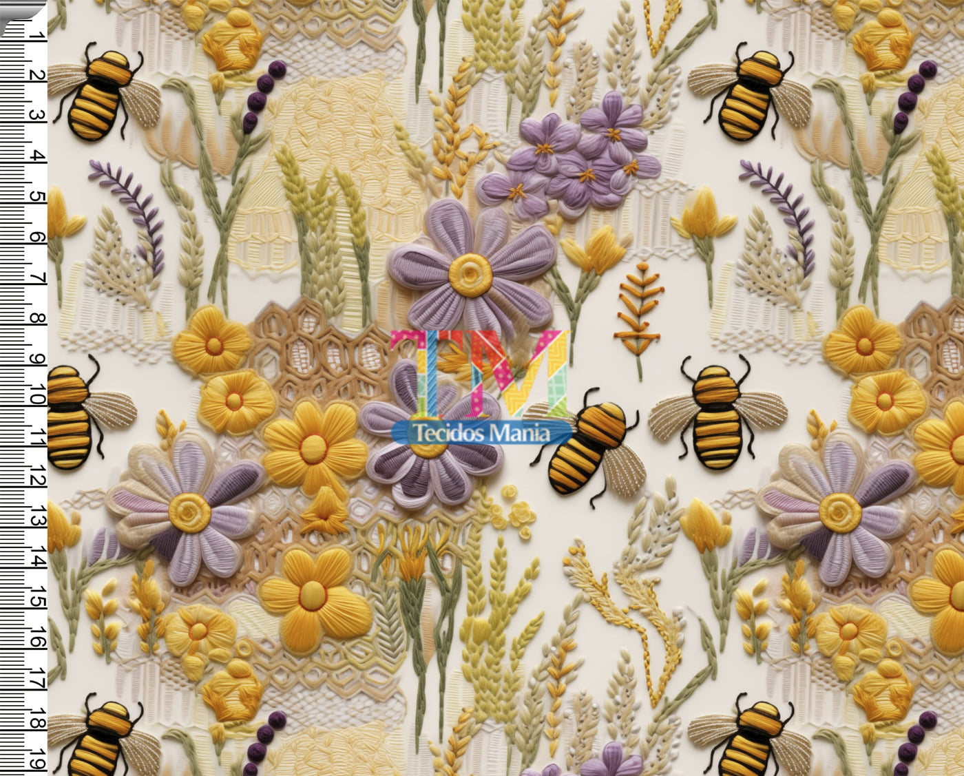 Tecido tricoline, microfibra ou gabardine estampado - Floral - abelha - bordado - 3d  