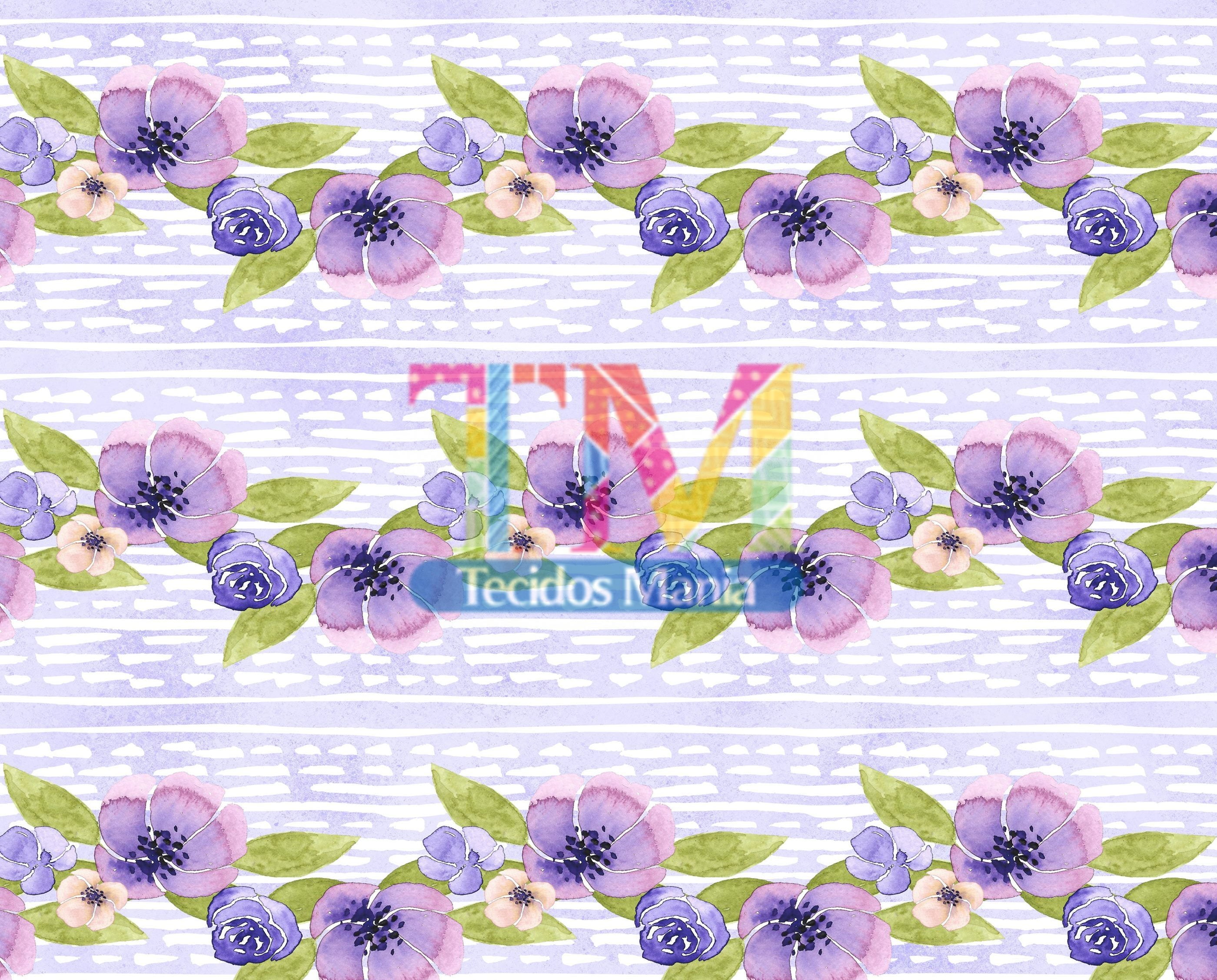 Tecido tricoline, microfibra ou gabardine estampado  - Floral Barrado - lilás