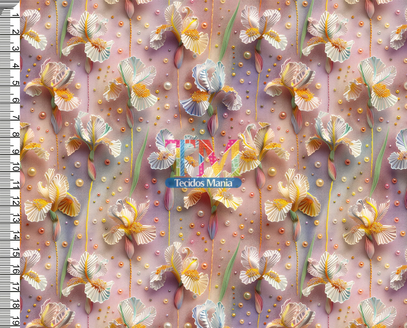 Tecido tricoline, microfibra ou gabardine estampado - Floral íris - Pérolas - 3D
