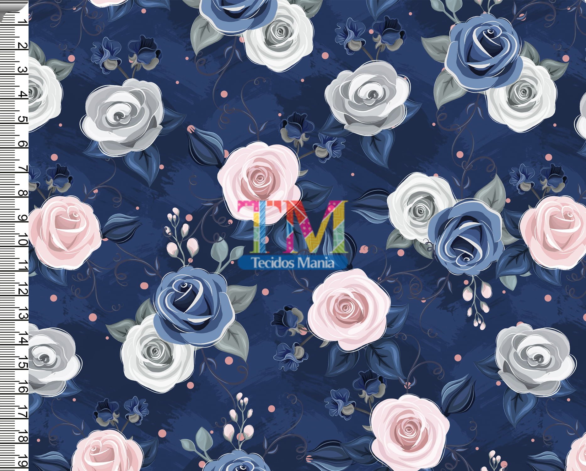 Tecido tricoline, microfibra ou gabardine estampado  - Floral - rosas - fundo azul marinho
