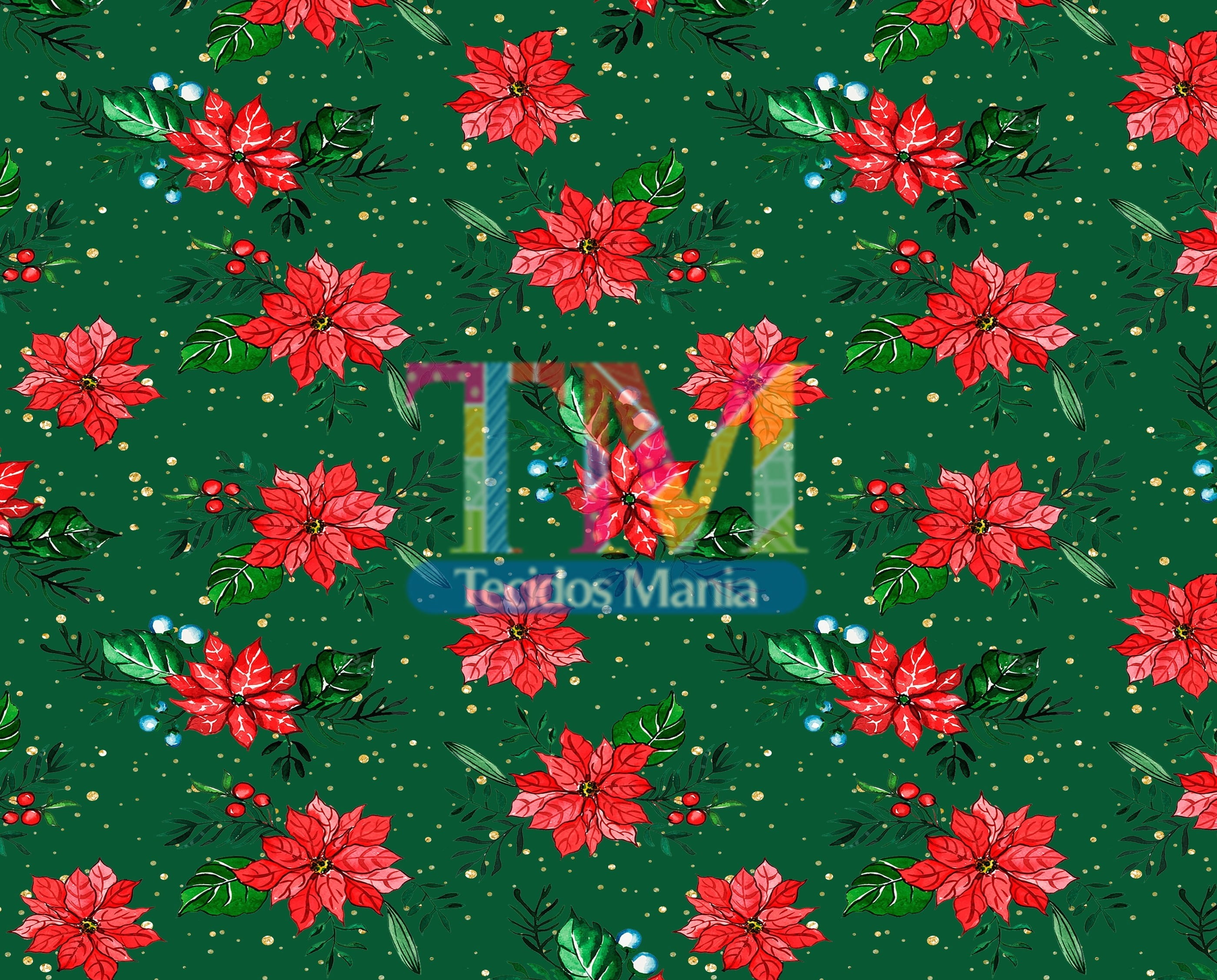 Tecido tricoline, microfibra ou gabardine estampado - Flores natalinas - fundo verde