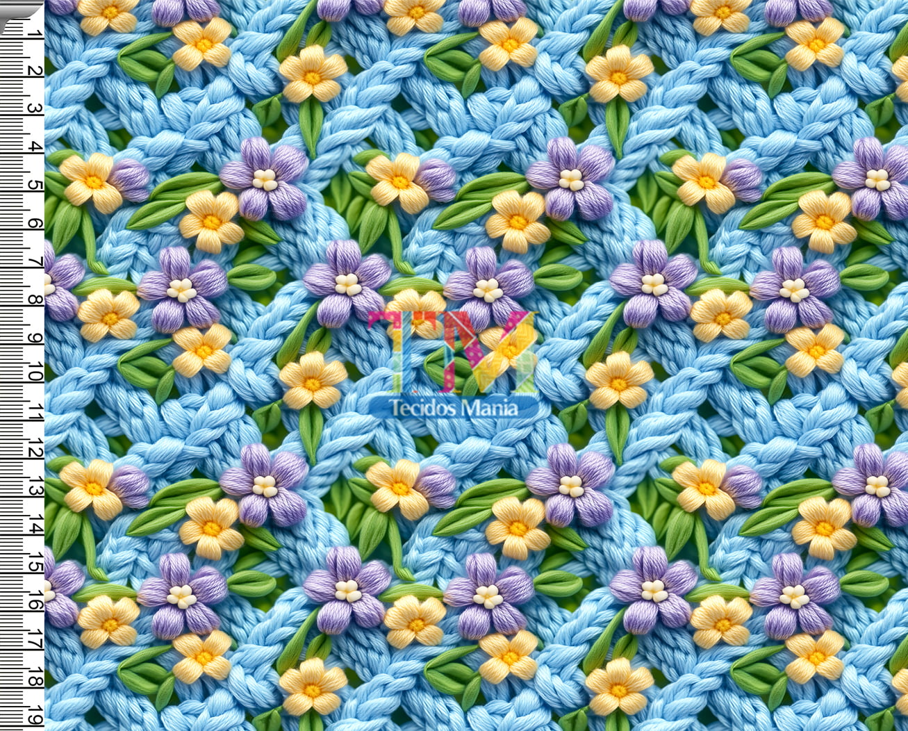 Tecido tricoline, microfibra ou gabardine estampado - Flores - Roxo e amarelo - Bordado - 3D