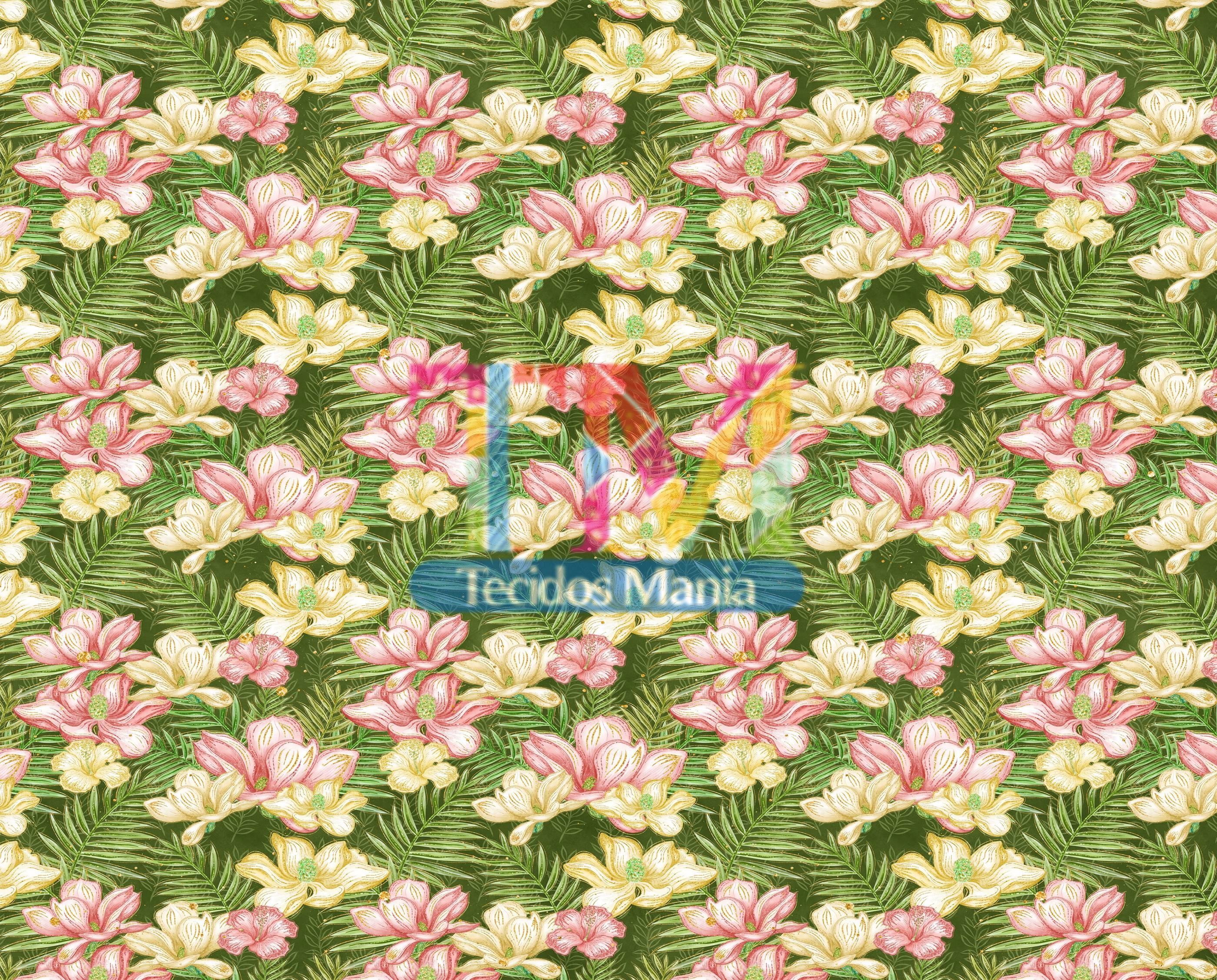 Tecido tricoline, microfibra ou gabardine estampado - Flores tropicais -  fundo verde - Tecidos Mania