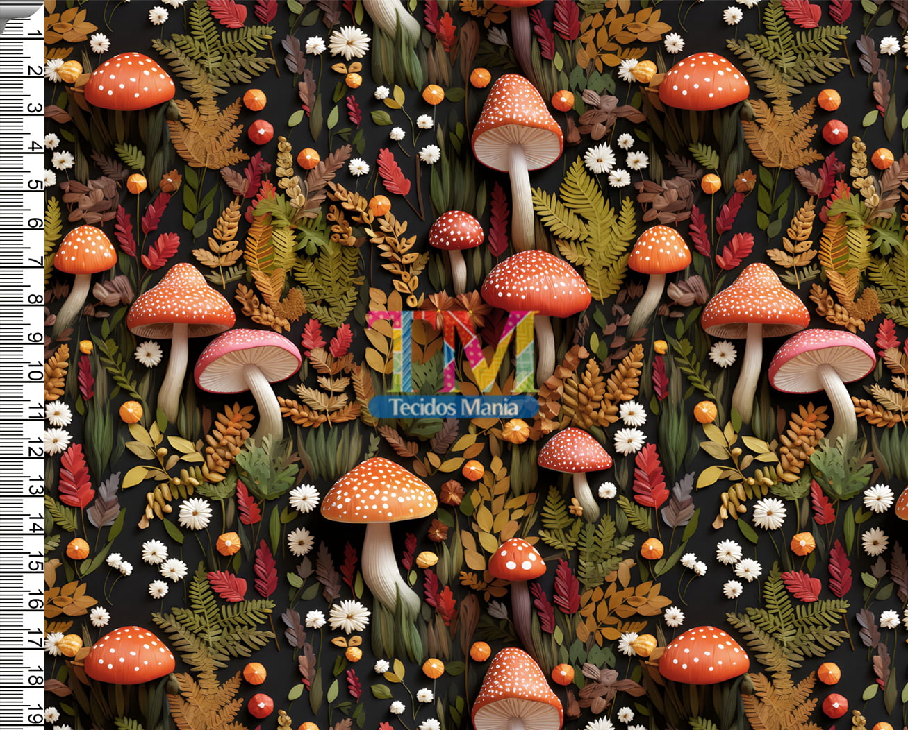 Tecido tricoline, microfibra ou gabardine estampado - Folhas e cogumelos - 3D