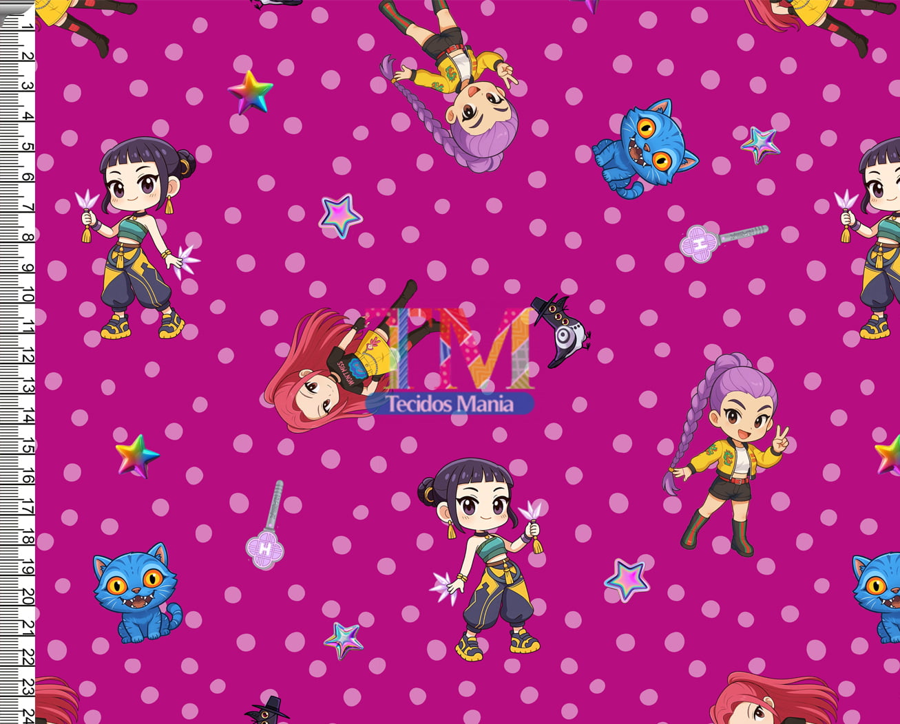 Tecido tricoline, microfibra ou gabardine estampado - Guerreiras do K-pop - bolinhas - fundo Pink