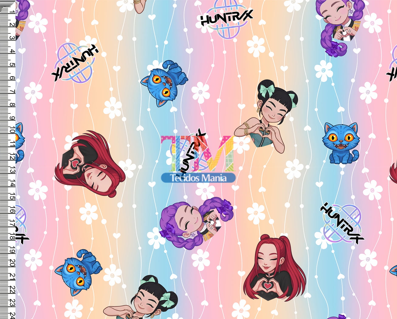 Tecido tricoline, microfibra ou gabardine estampado - Guerreiras do K-pop - Huntrix - degrade