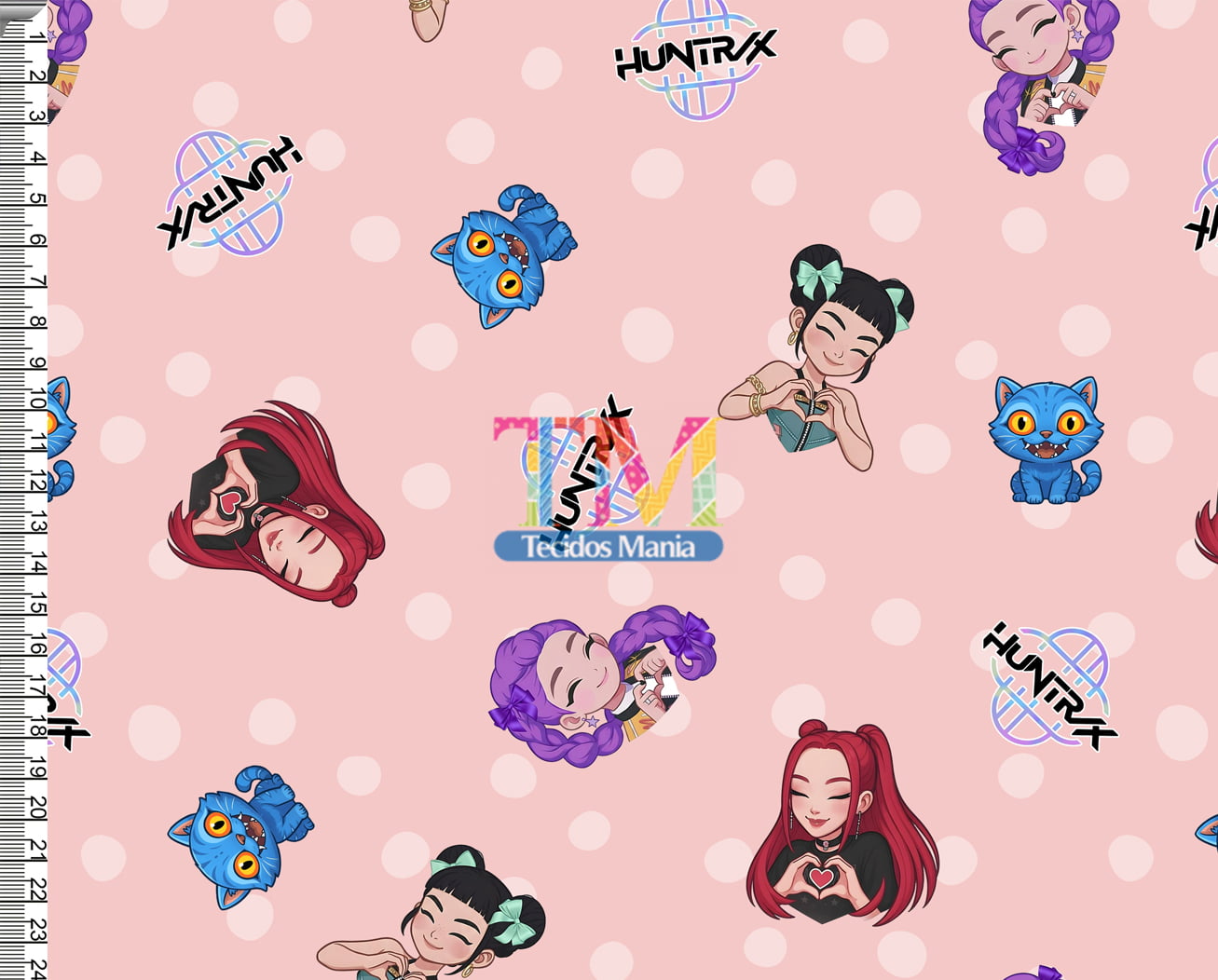 Tecido tricoline, microfibra ou gabardine estampado - Guerreiras do K-pop - fundo rosa bebê