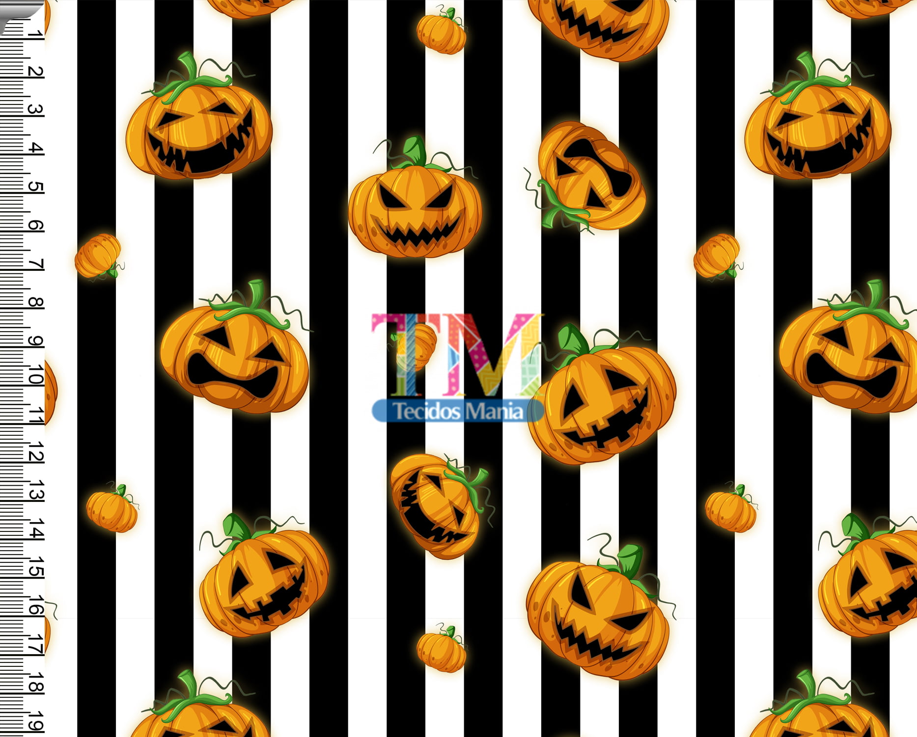 Tecido tricoline, microfibra ou gabardine estampado - Halloween - Abóbora - fundo Listrado