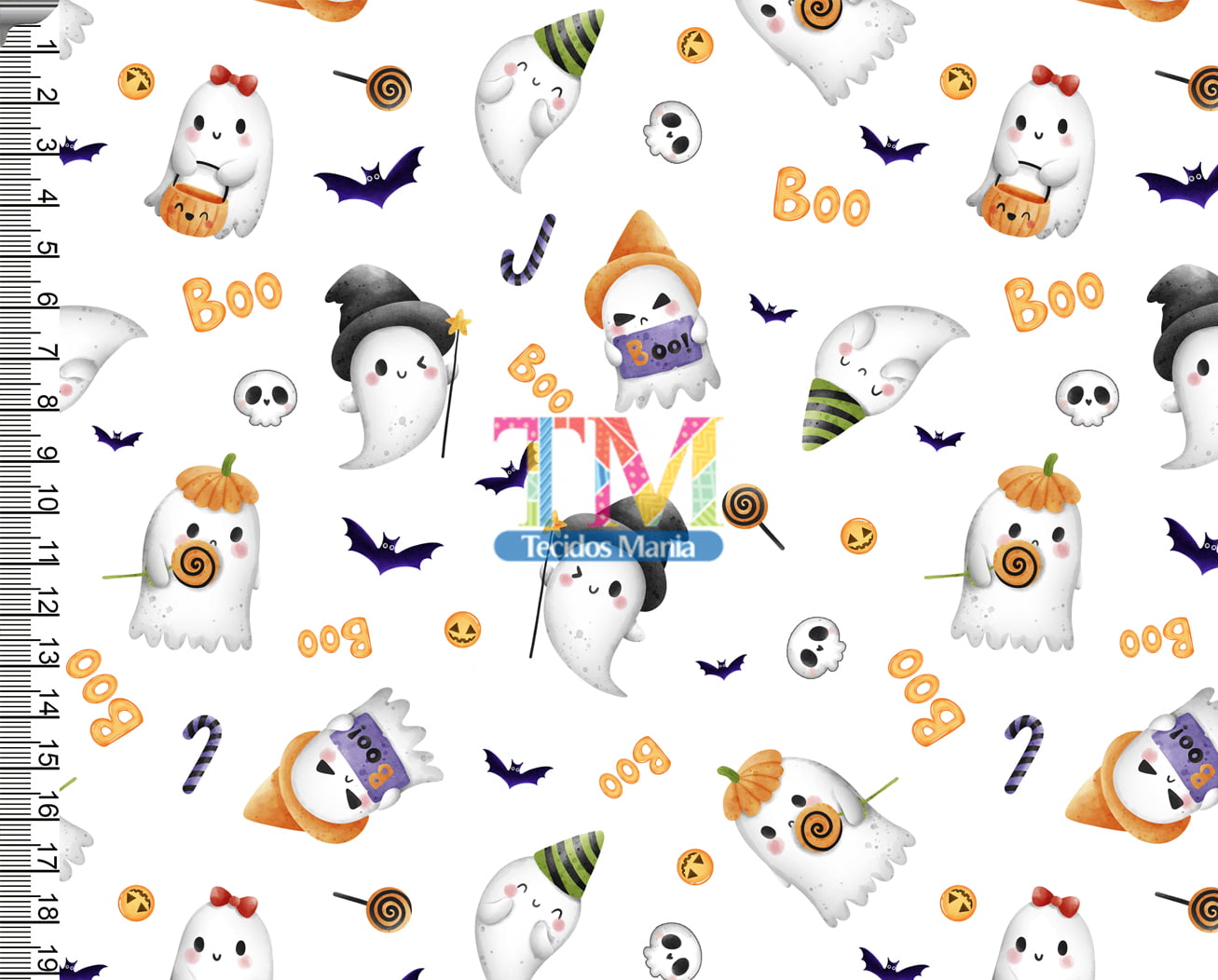 Tecido tricoline, microfibra ou gabardine estampado - Halloween - Fantasma - fundo branco