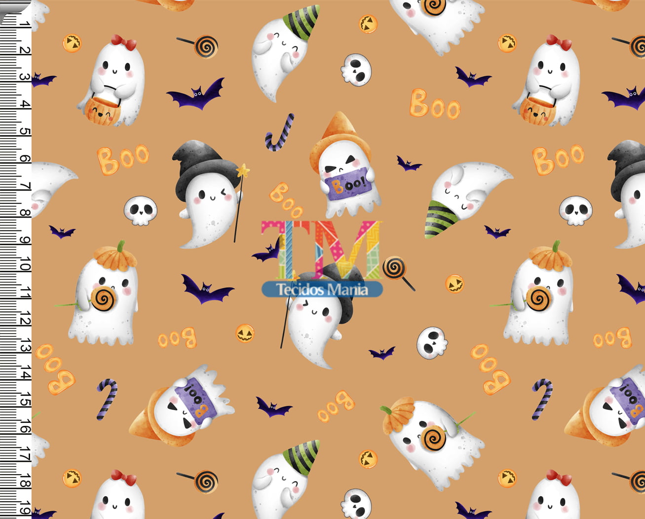 Tecido tricoline, microfibra ou gabardine estampado - Halloween - Fantasma - fundo laranja