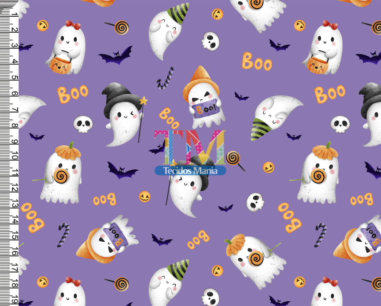 Tecido tricoline, microfibra ou gabardine estampado - Halloween - Fantasma - fundo roxo