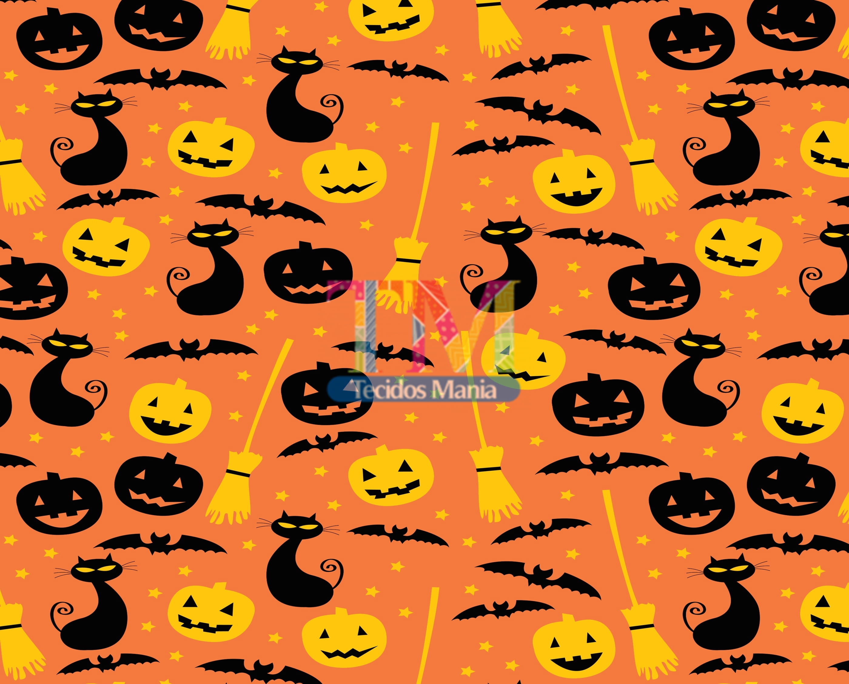 Tecido tricoline, microfibra ou gabardine estampado - Halloween - Gato e abóbora - fundo laranja