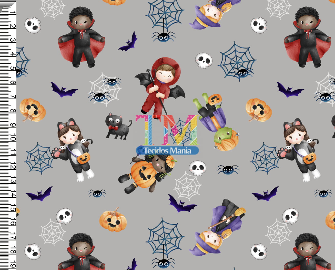 Tecido tricoline, microfibra ou gabardine estampado - Halloween - kids - fantasia - fundo cinza