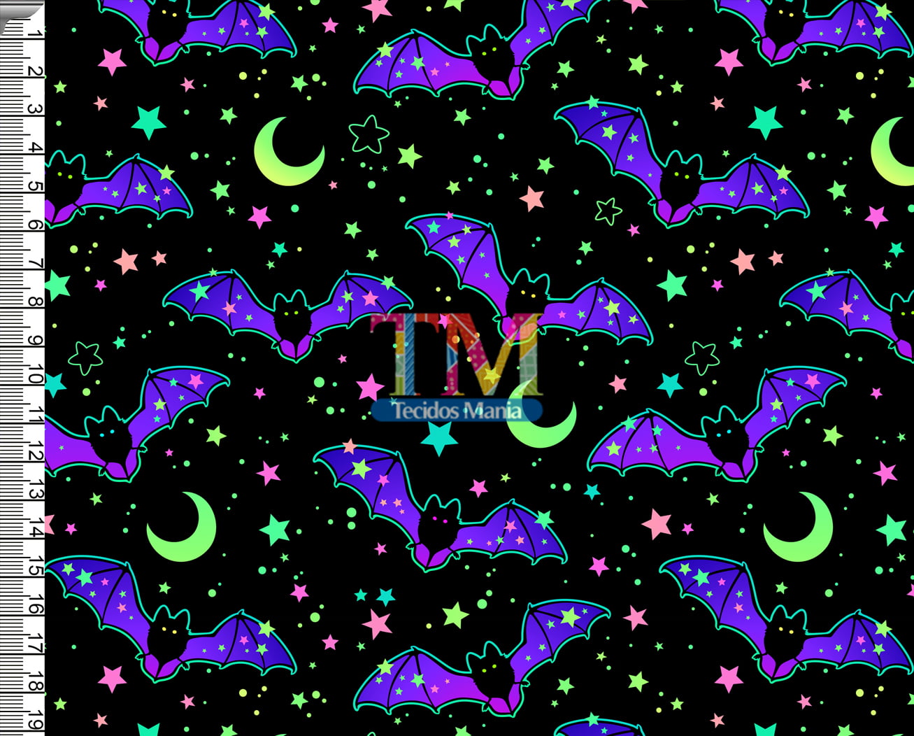 Tecido tricoline, microfibra ou gabardine estampado - Halloween - Morcego - Neon