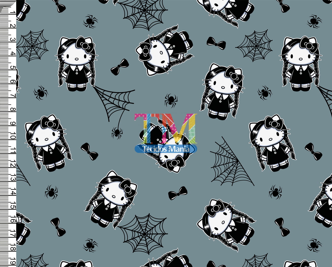 Tecido tricoline, microfibra ou gabardine estampado - Hello kitty - wandinha - Fundo Azul Petróleo