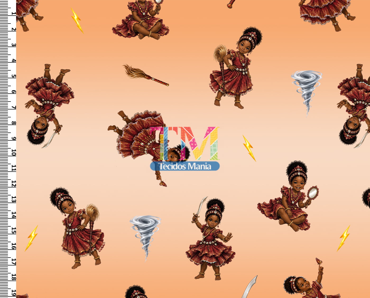 Tecido tricoline, microfibra ou gabardine estampado - Ibeji - Erê Iansã - Fundo Laranja