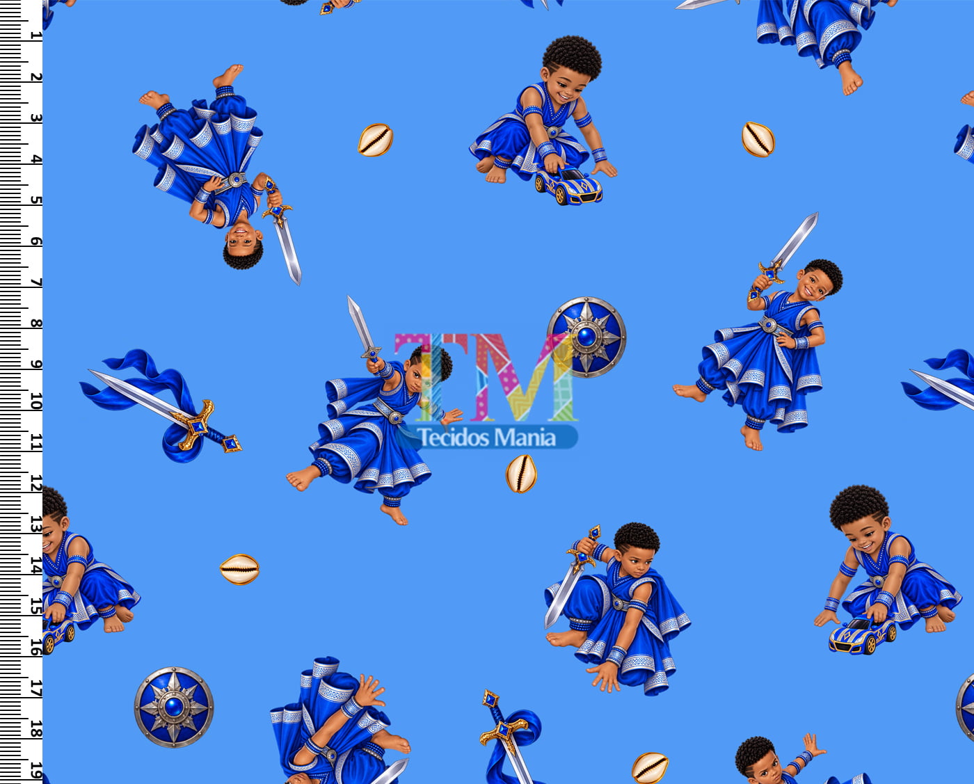 Tecido tricoline, microfibra ou gabardine estampado - Ibeji - Erê Ogum - Fundo Azul