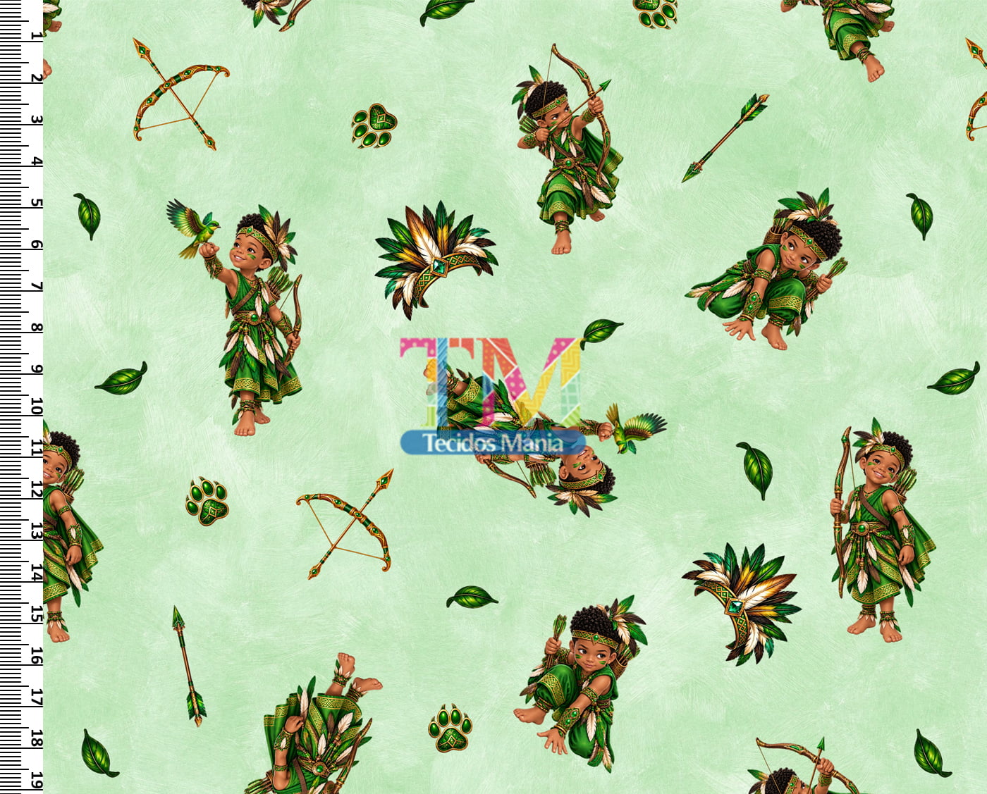 Tecido tricoline, microfibra ou gabardine estampado - Ibeji - Erê Oxóssi - Fundo Verde