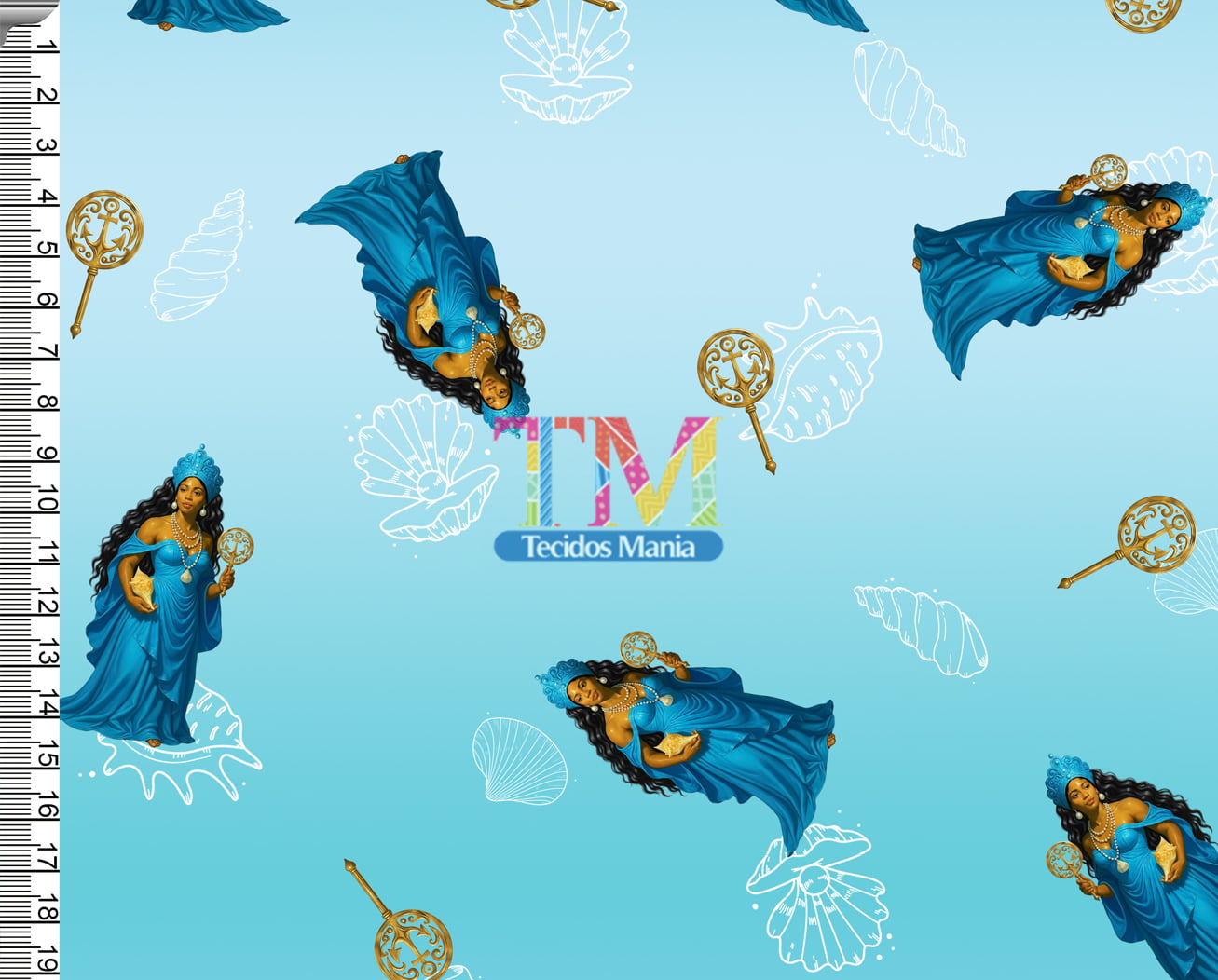 Tecido tricoline, microfibra ou gabardine estampado -  Iemanjá - Conchas - fundo Degradê
