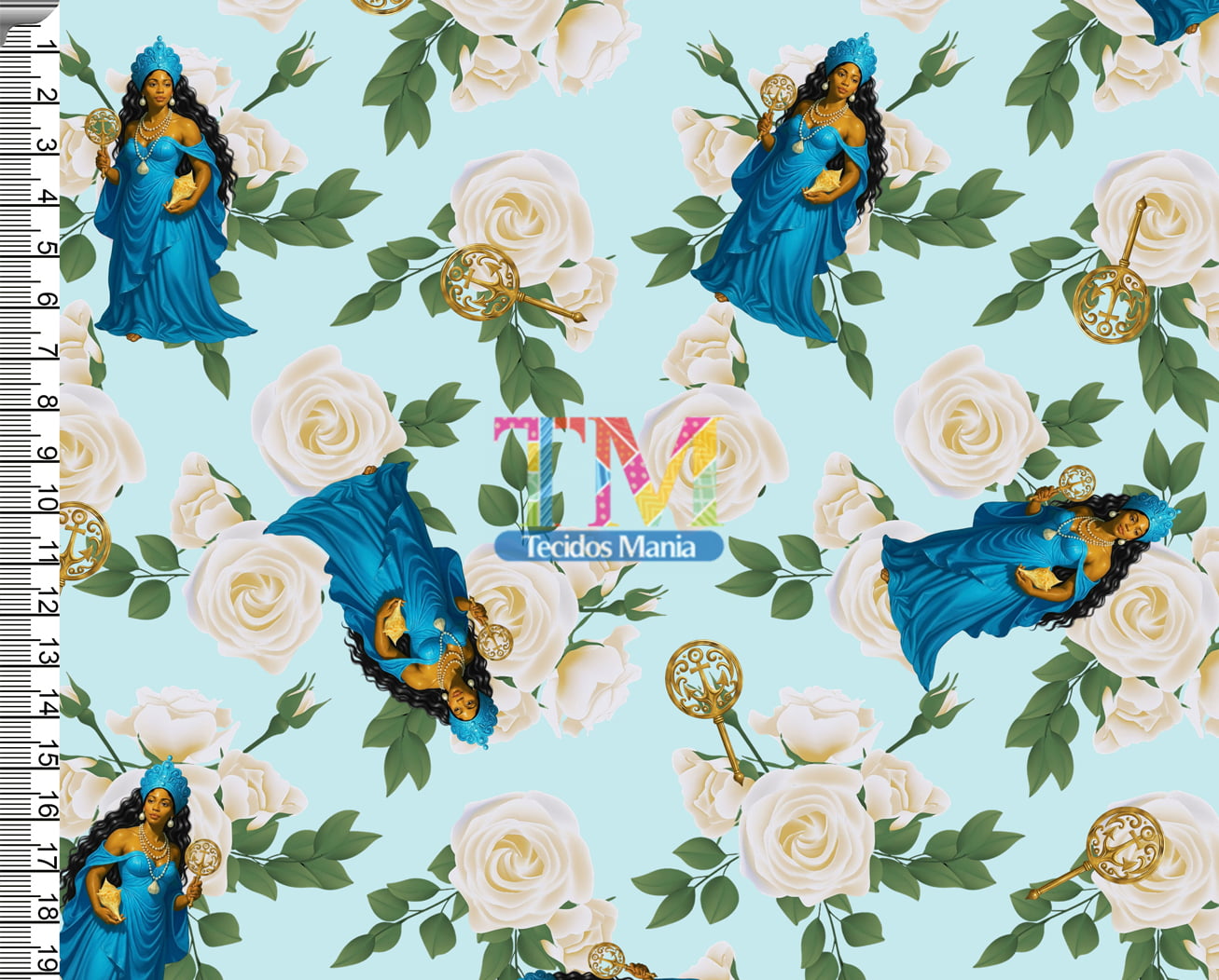 Tecido tricoline, microfibra ou gabardine estampado - Iemanjá - Flores - fundo verde água