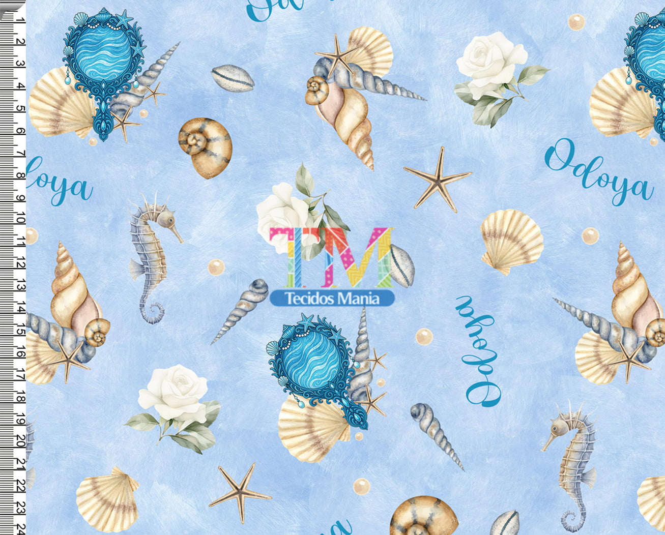 Tecido tricoline, microfibra ou gabardine estampado - Iemanjá - odoya - Fundo Azul