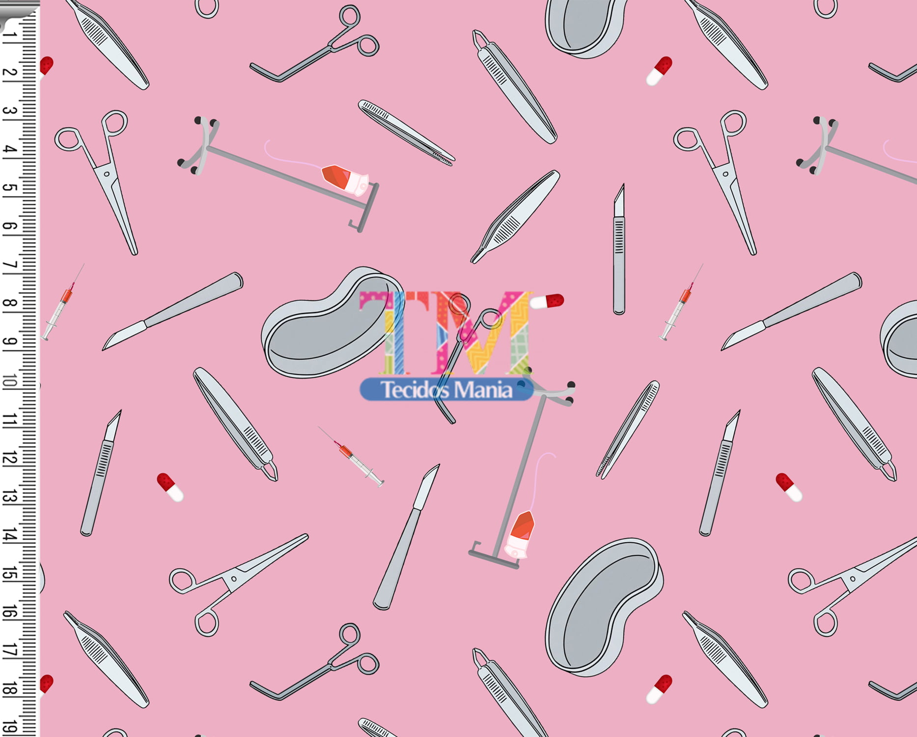 Tecido tricoline, microfibra ou gabardine estampado - Instrumentos Cirugicos - Fundo rosa