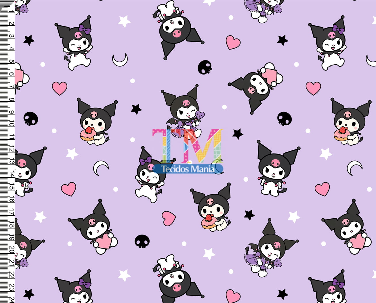 Tecido tricoline, microfibra ou gabardine estampado - Kuromi - Fundo Lilás