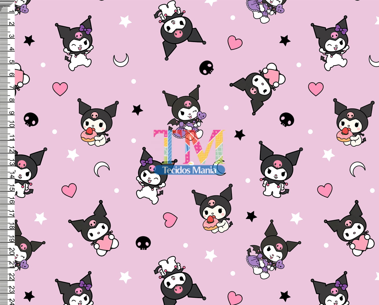 Tecido tricoline, microfibra ou gabardine estampado - Kuromi - Fundo Rosa