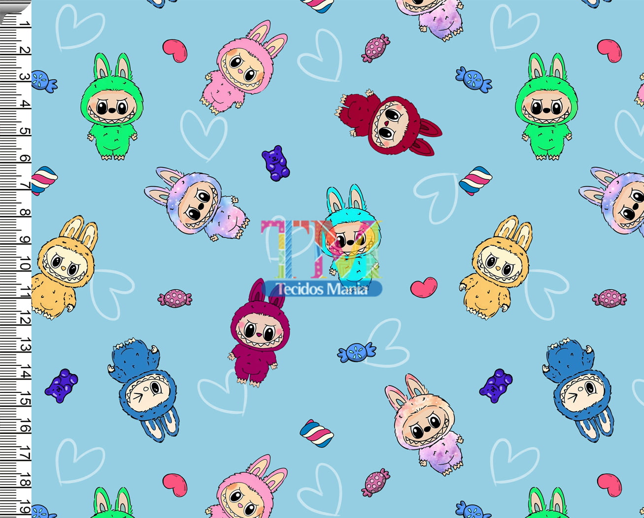 Tecido tricoline, microfibra ou gabardine estampado - Labubu - Corações e doces - Fundo Tiffany
