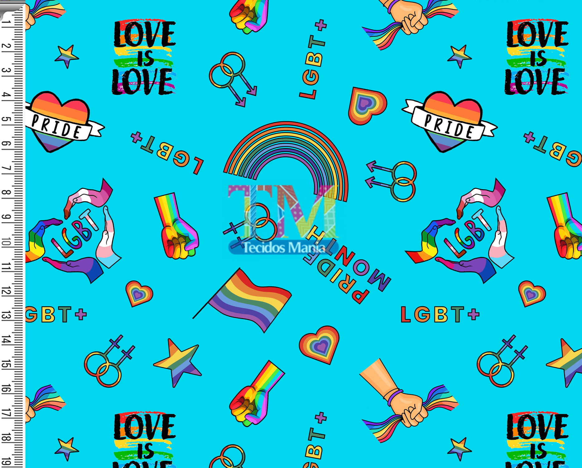 Tecido tricoline, microfibra ou gabardine estampado - LGBT+ - Fundo azul tiffany 