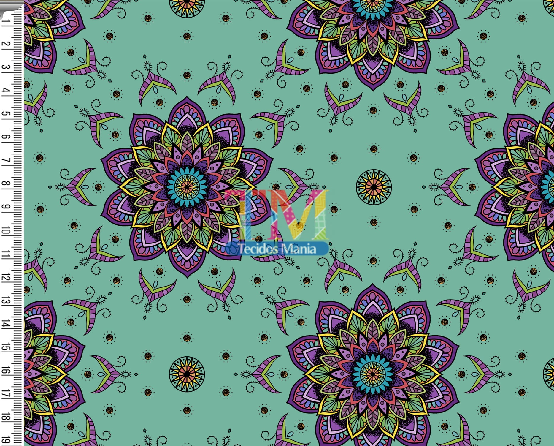 Tecido tricoline, microfibra ou gabardine estampado  - Mandala - fundo tiffany