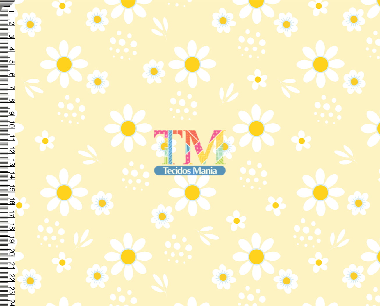Tecido tricoline, microfibra ou gabardine estampado - Margaridas Brancas - fundo amarelo