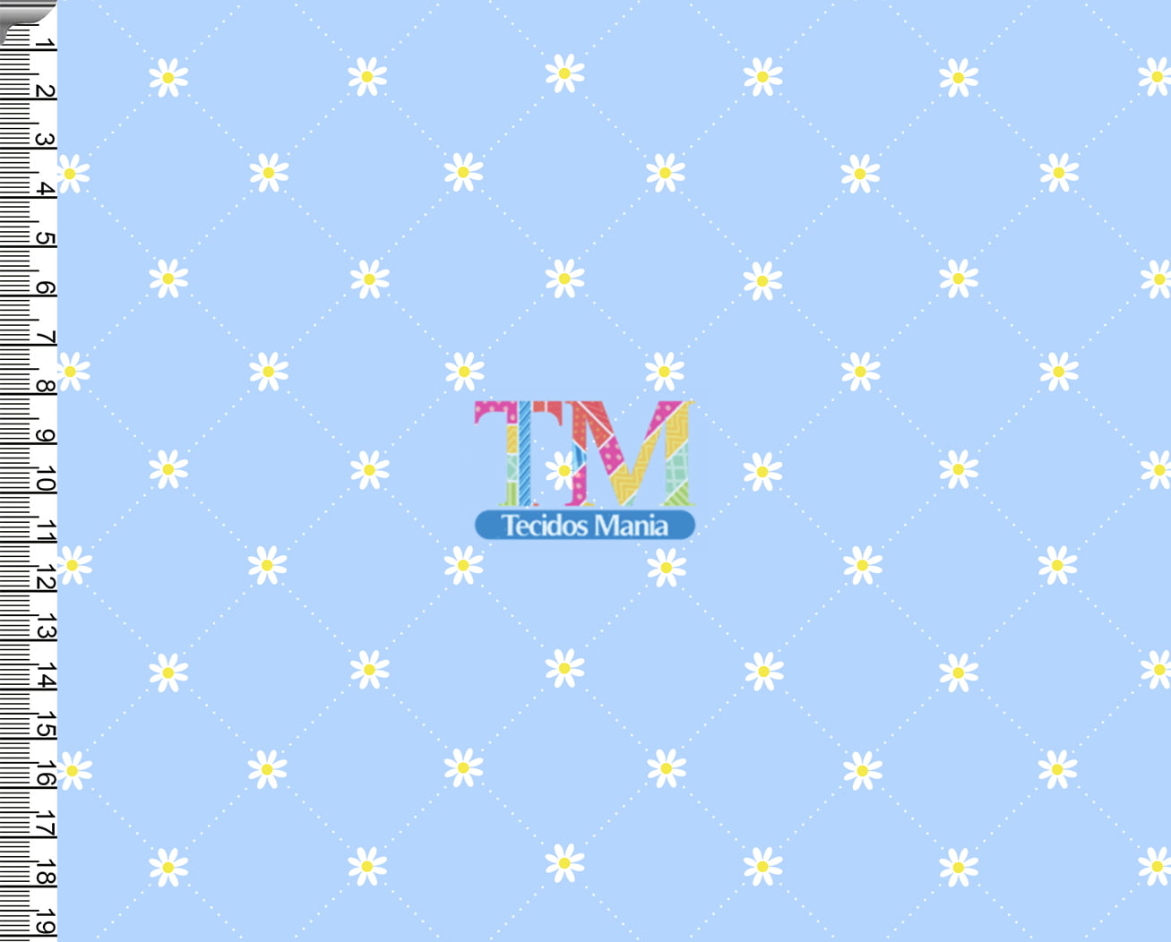 Tecido tricoline, microfibra ou gabardine estampado - Mini margaridas - quadriculado - fundo azul