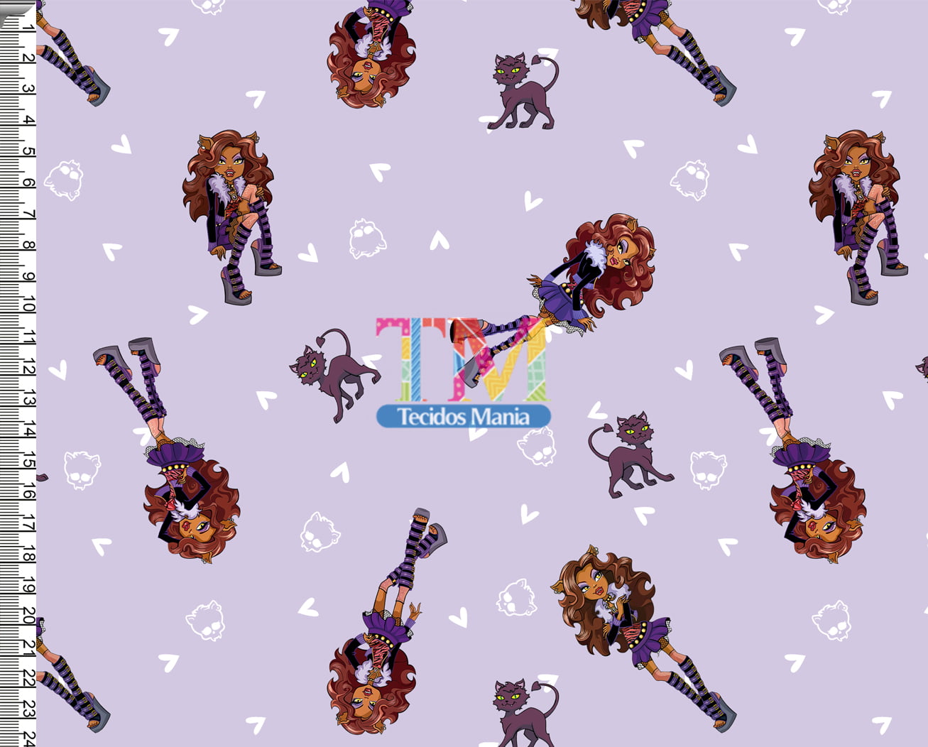Tecido tricoline, microfibra ou gabardine estampado - Monster High - Clawdeen Wolf - fundo Lilás