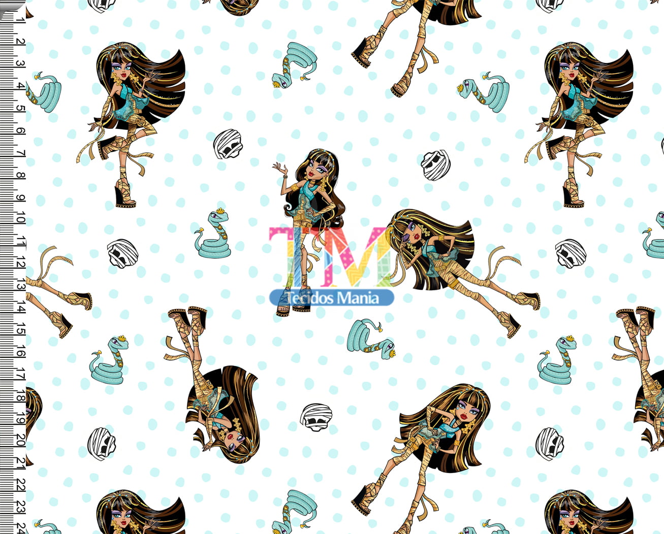 Tecido tricoline, microfibra ou gabardine estampado - Monster High - Cleo de Nile - fundo Branco
