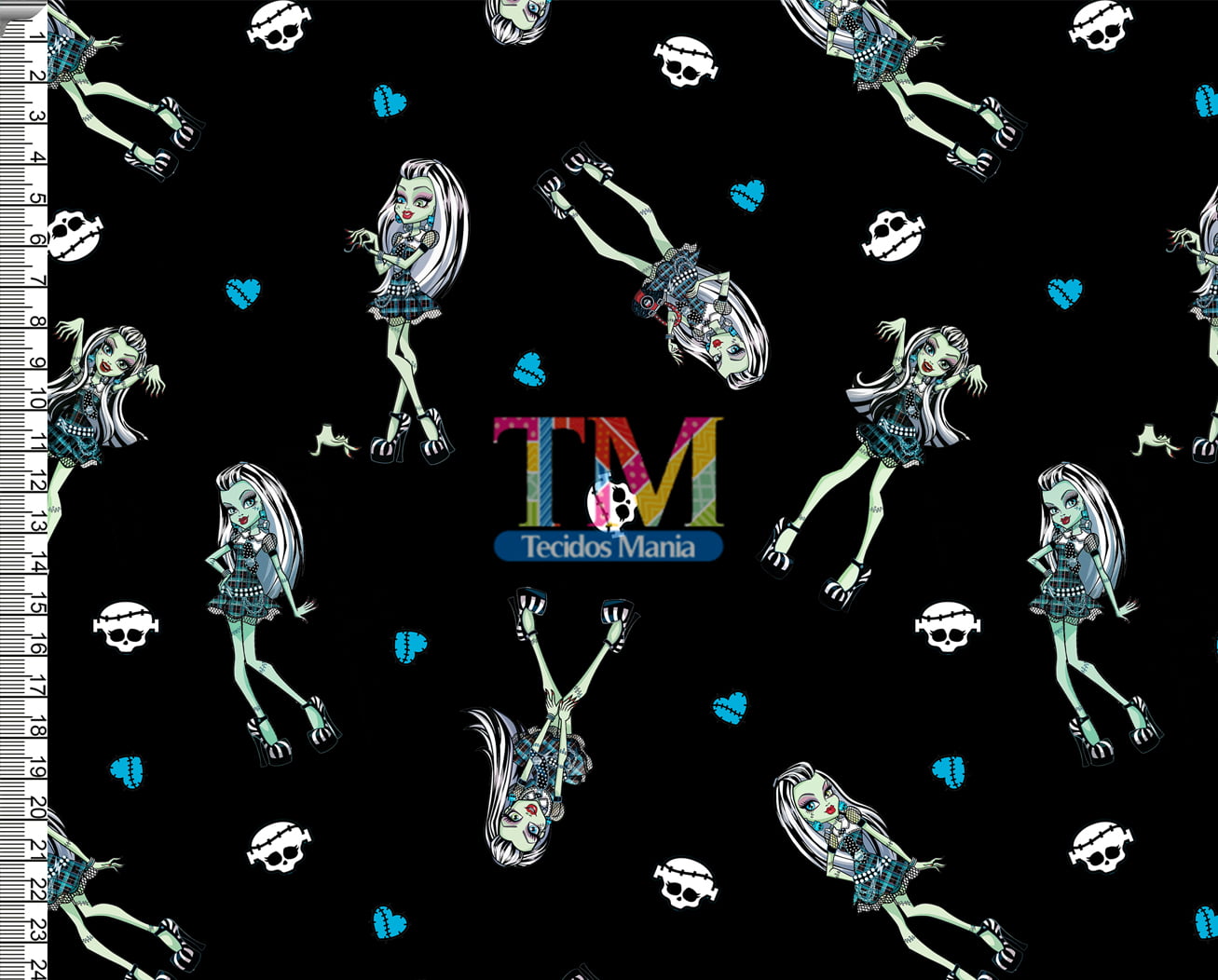 Tecido tricoline, microfibra ou gabardine estampado - Monster High - Frankie Stein - Fundo preto