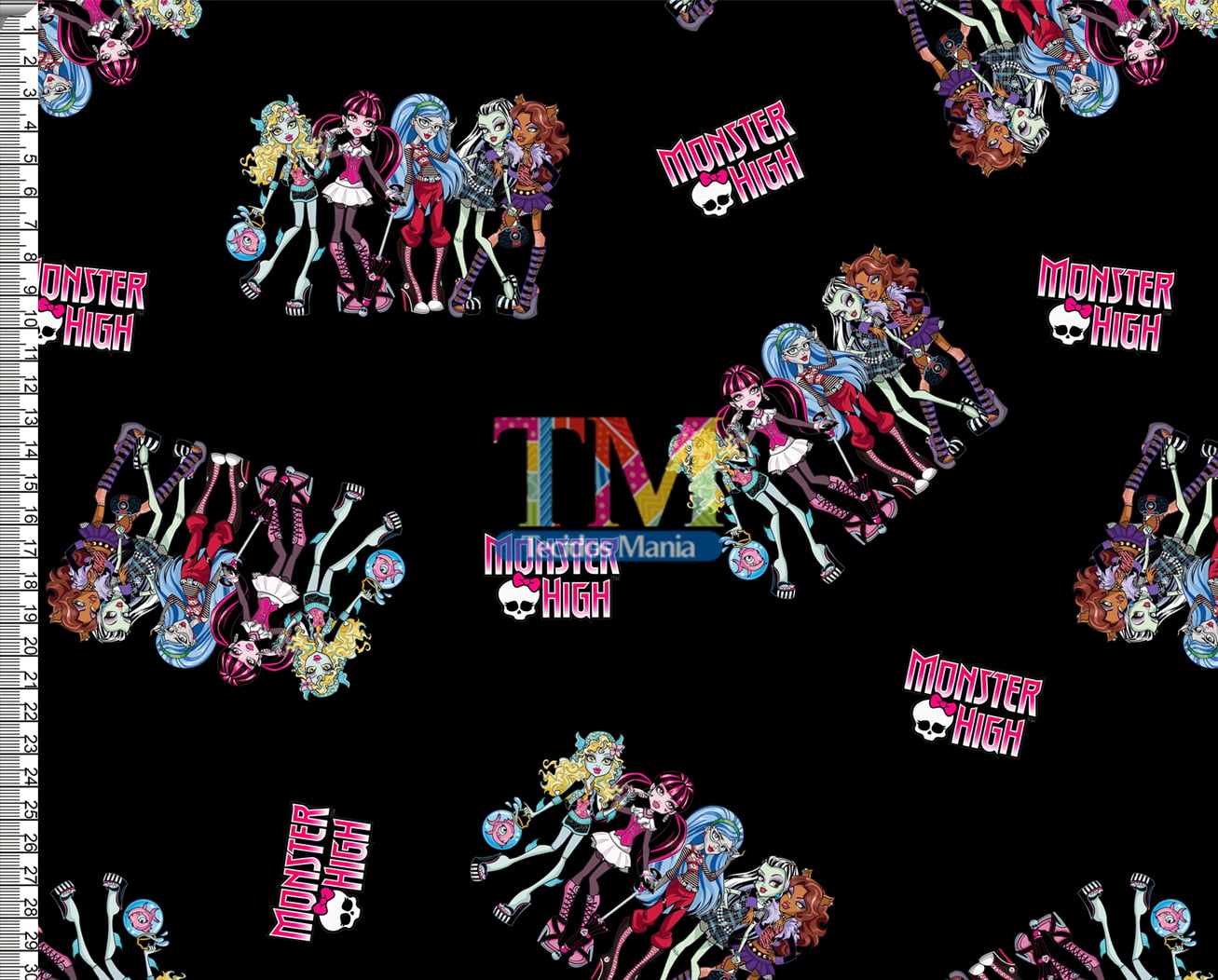 Tecido tricoline, microfibra ou gabardine estampado - Monster High - Fundo Preto