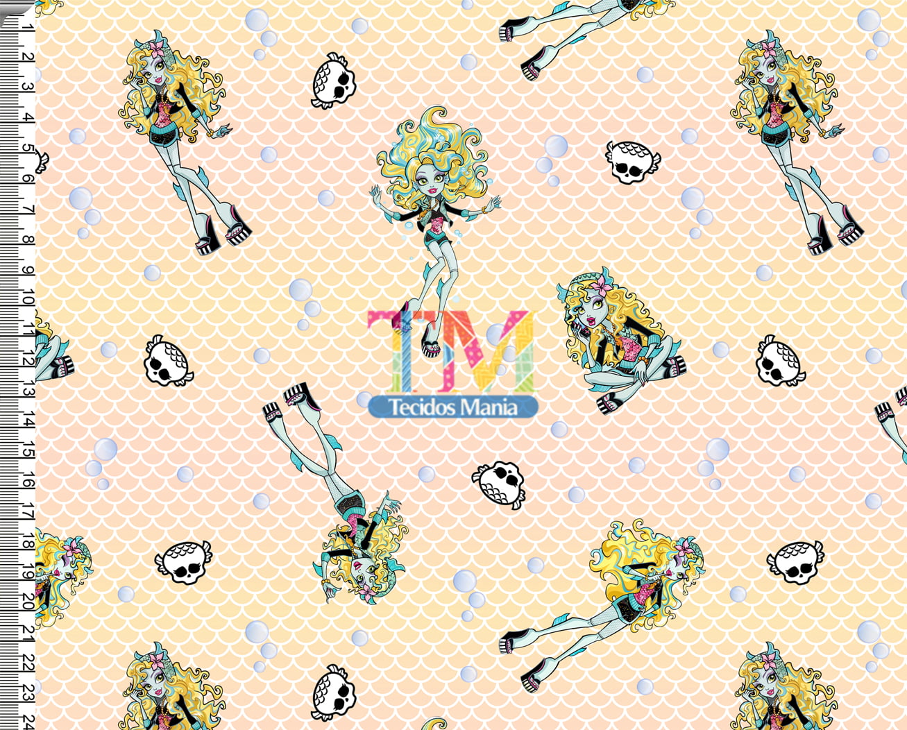 Tecido tricoline, microfibra ou gabardine estampado - Monster High - lagoona blue - Fundo amarelo