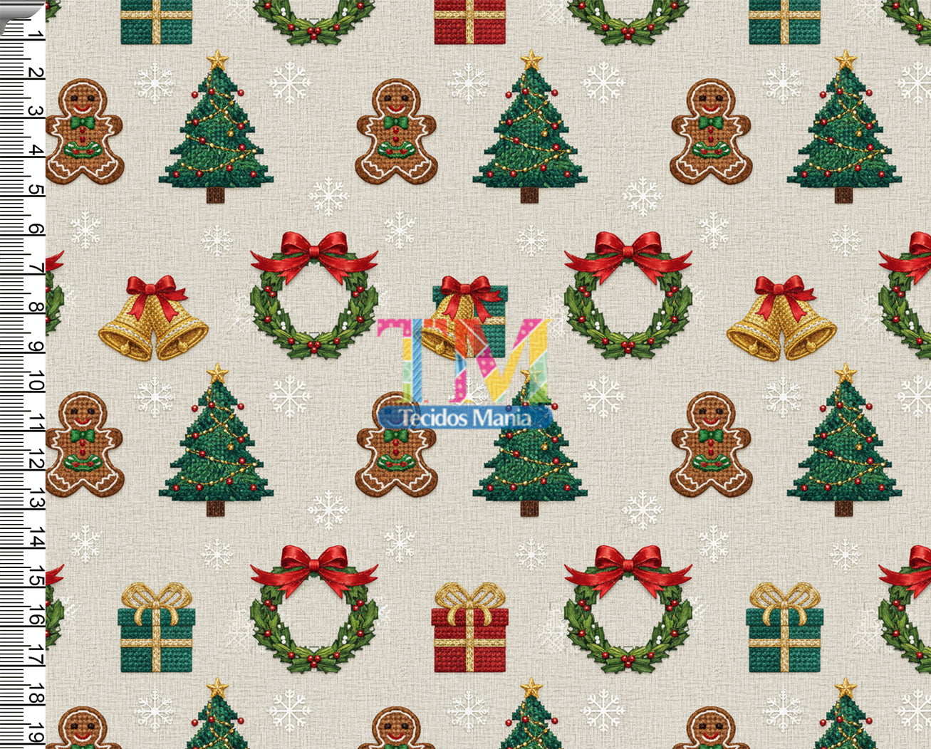 Tecido tricoline, microfibra ou gabardine estampado - Natal - enfeites e sinos - 3D