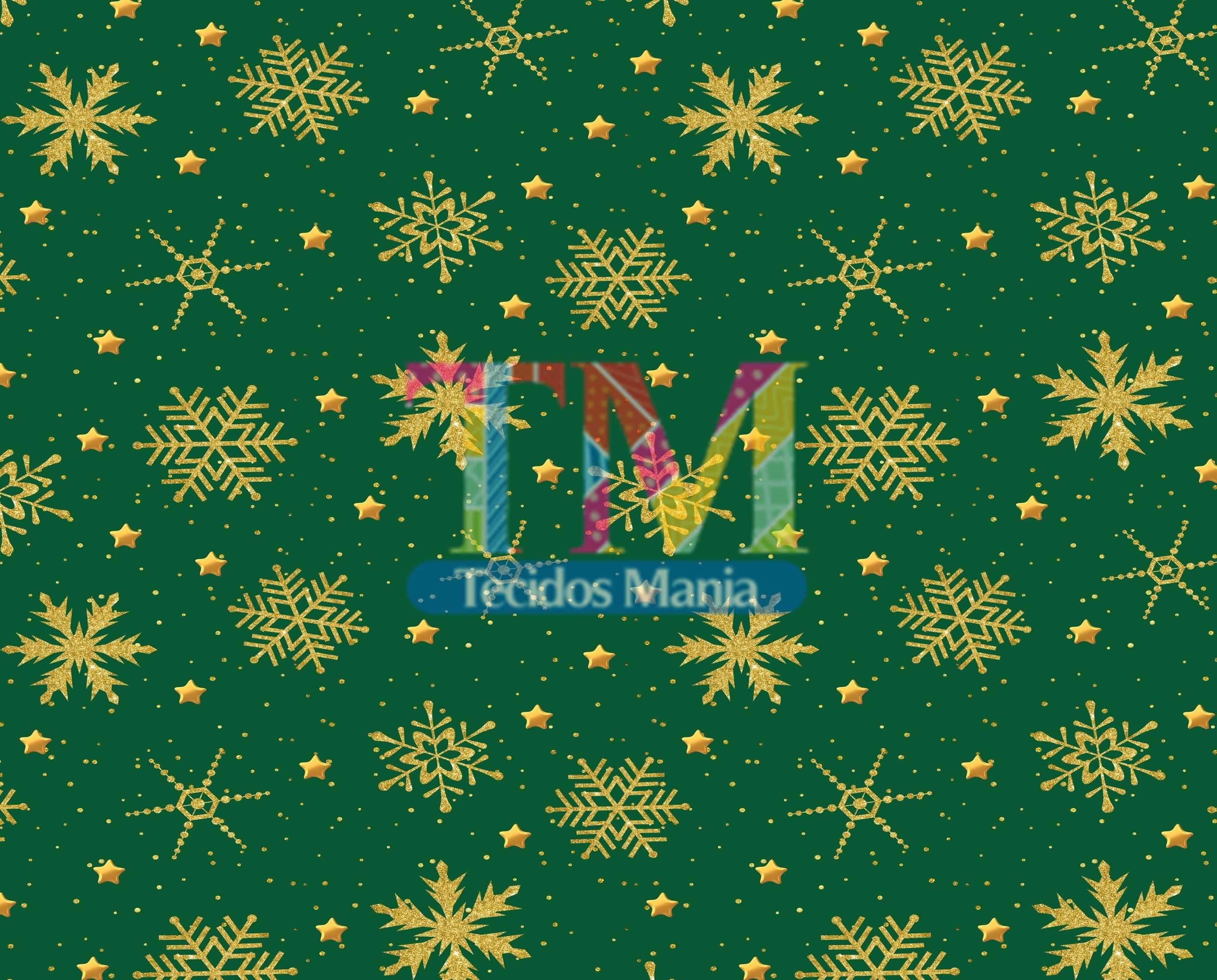 Tecido tricoline, microfibra ou gabardine estampado - Natal - Flocos de neve dourado - fundo verde