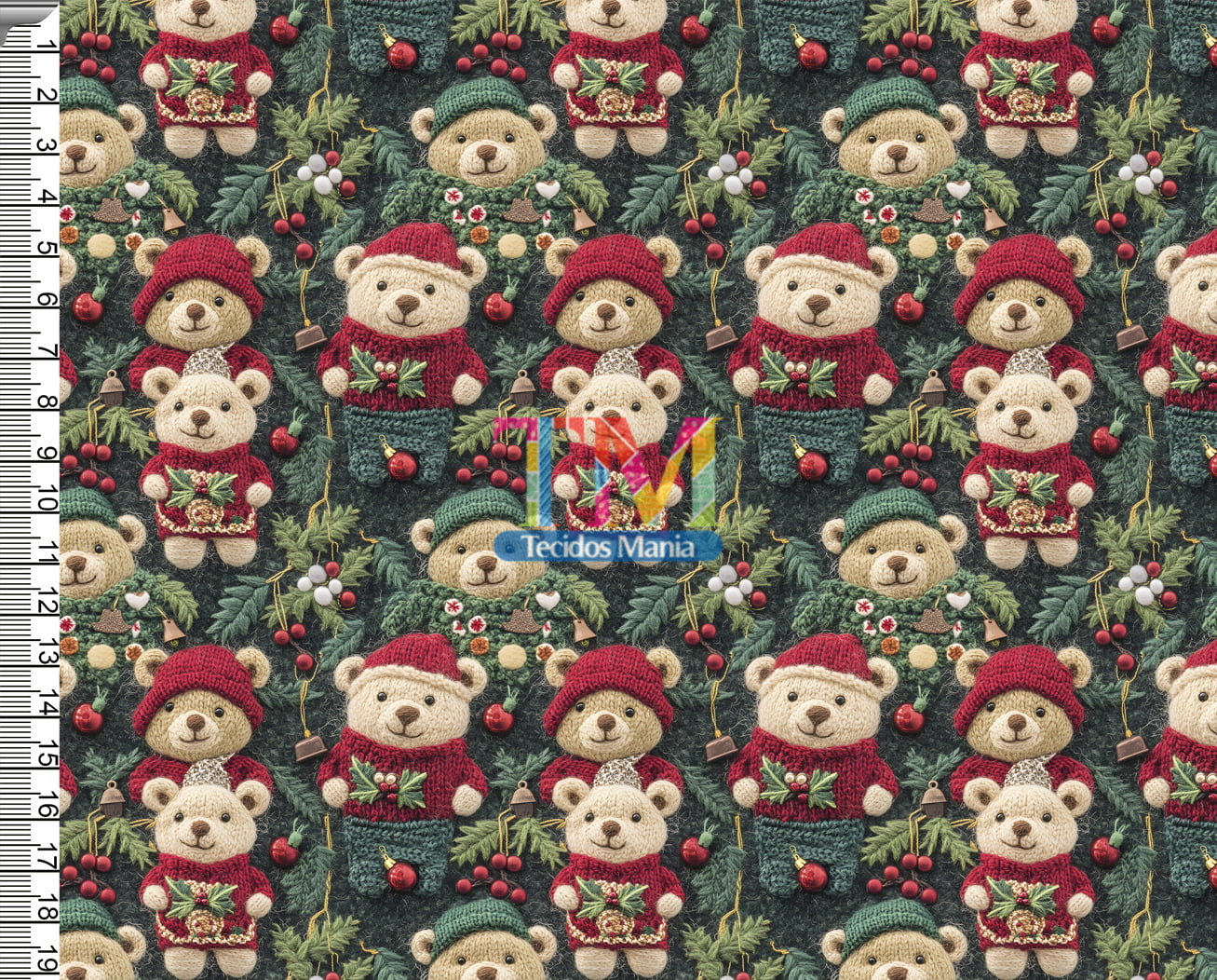 Tecido tricoline, microfibra ou gabardine estampado - Natal - Urso e azevinho - 3D