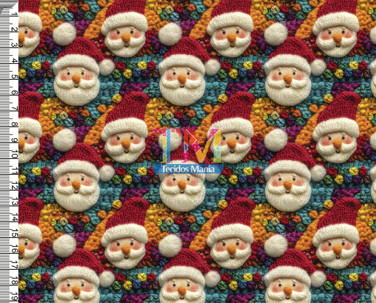 Tecido tricoline, microfibra ou gabardine estampado - Noel - Tricô laranja e azul - 3D