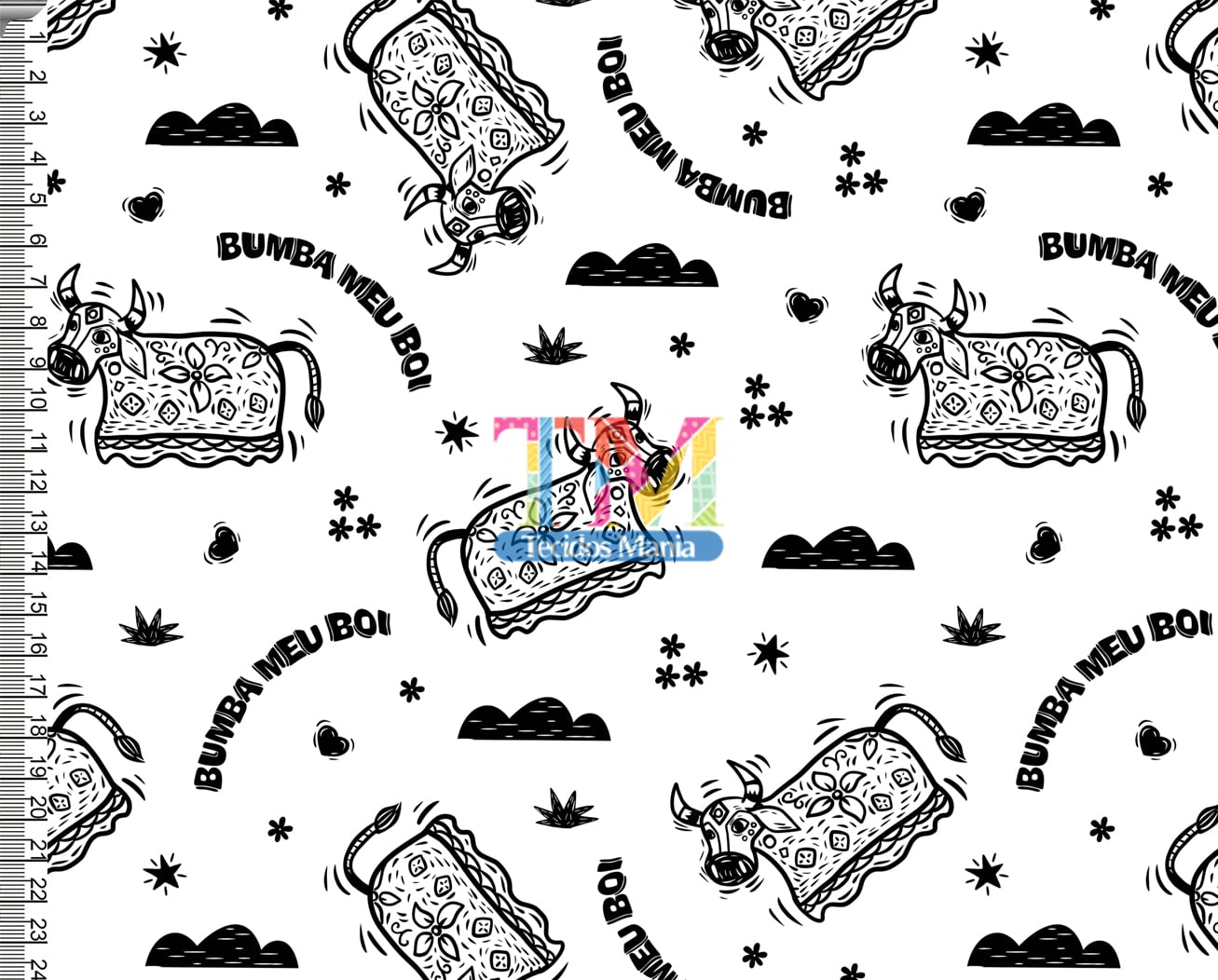 Tecido tricoline, microfibra ou gabardine estampado - Nordeste - Bumba meu boi - Fundo Branco