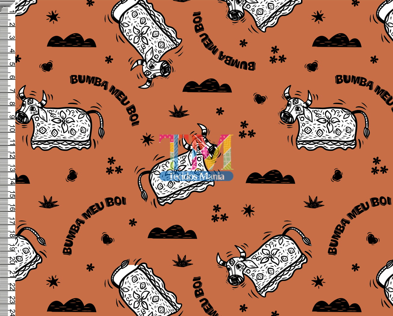 Tecido tricoline, microfibra ou gabardine estampado - Nordeste - Bumba meu boi - Fundo Laranja