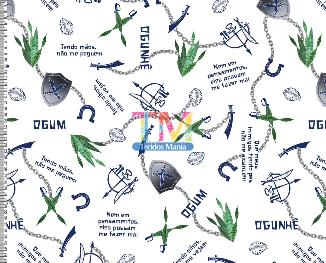 Tecido tricoline, microfibra ou gabardine estampado - Ogum - Ogunhê - Fundo Branco