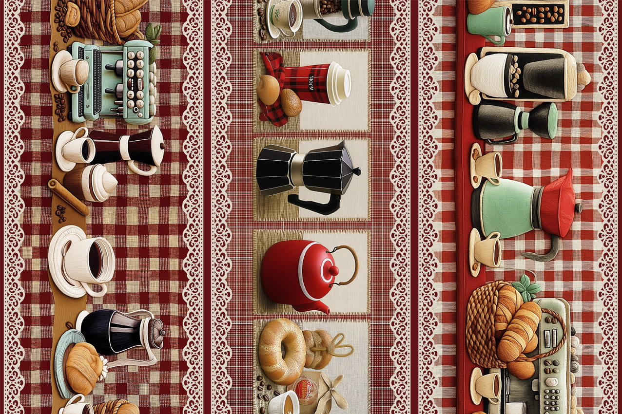 Tecido tricoline, microfibra ou gabardine estampado - Painel Barrado Bordado Café 